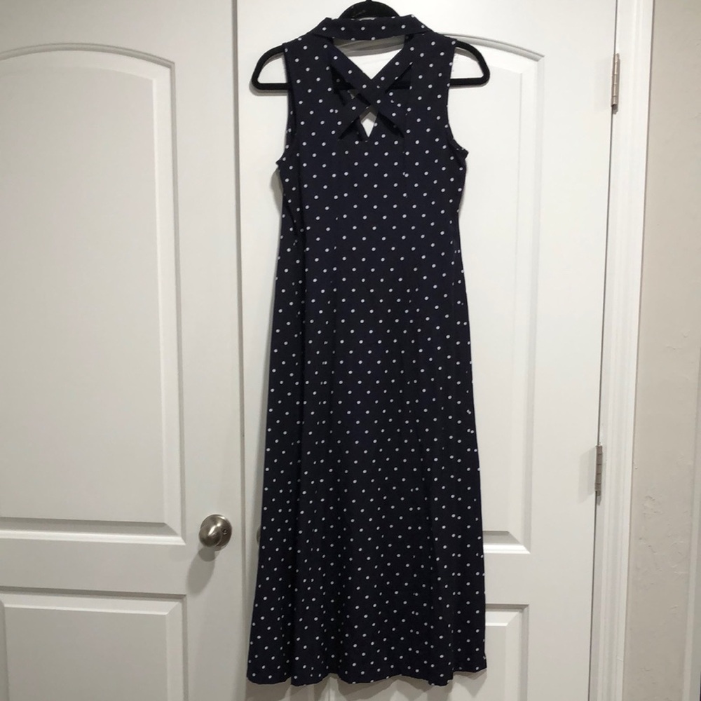 Vintage SHERI MARTIN New York - Navy Polka Dot Sleeveless Dress - Picture 8 of 12